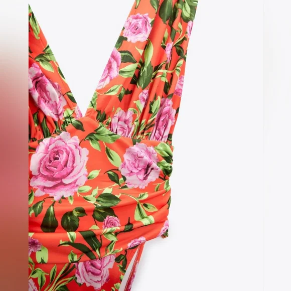 🌞Zara Drape Deep-neck Ruched  Floral Bodysuit Top Floral Sleeveless NWOT - Picture 6 of 16